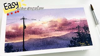 Super easy watercolor landscape painting! Romantic sunset！