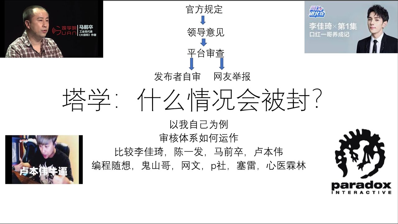 塔学：什么情况会被封？——审核体系运作方式，我自己的策略——比较李佳琦，陈一发，马前卒，卢本伟，编程随想，鬼山哥，网文，p社，塞雷，心医霖林等人