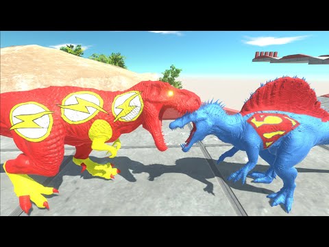 FLASH T-REX vs SUPERMAN SPINOSAURUS DEATH FALL - Animal Revolt Battle Simulator