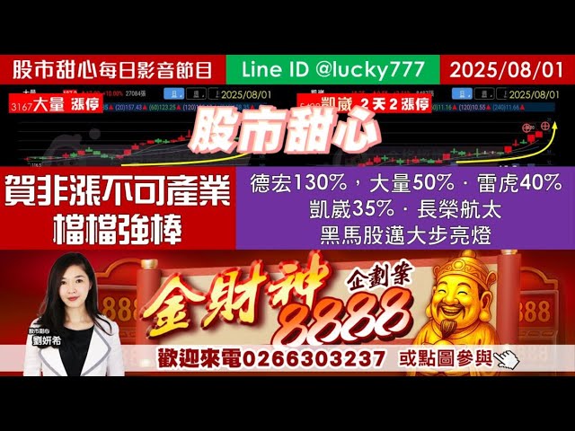 0801【甜心盤後影音】賀非漲不可產業檔檔強棒！德宏130%，大量50%，雷虎40%，凱崴35%，長榮航太，黑馬股邁大步亮燈