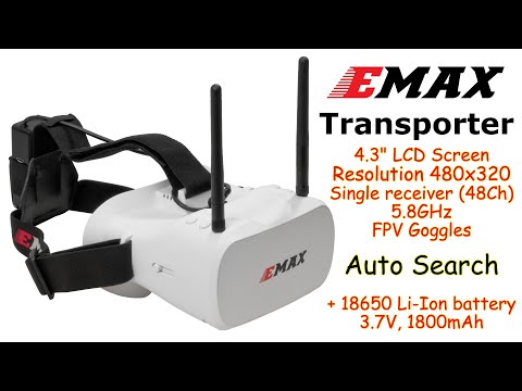 EMAX Transporter 4.3" FPV Goggles, 480x320, 48Ch, 5.8GHz, Auto Scan, 18650 battery