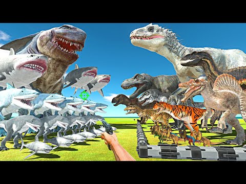 FPS Avatar Rescues Dinosaurs and Fights Megalodon Rex Team - Animal Revolt Battle Simulator
