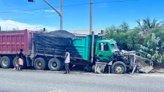 A heavy vehicle crash left the front end destroyed and the engine exposed