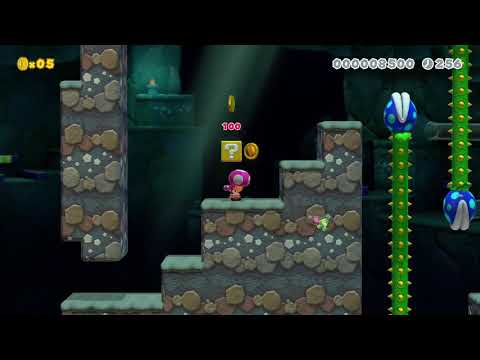Toadette defeats a piranha creeper but then gets defeated by the piranha creeper