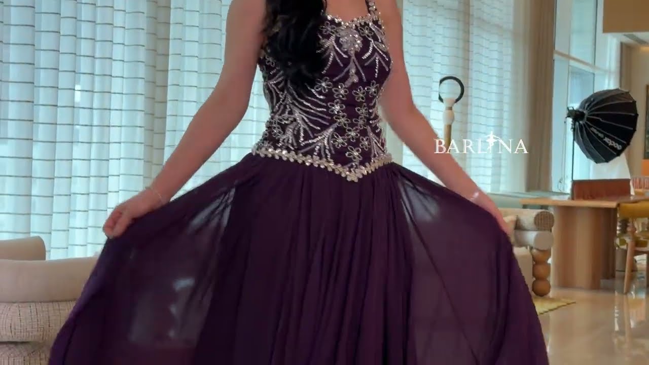 Long purple embroidered georgette evening dress - XXL