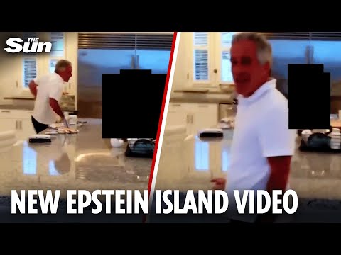 Disturbing footage shows Epstein laughing as he chases young women around kitchen on 'paedo island'