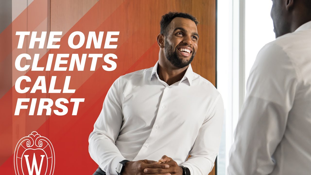 Young Black man wearing dress shirt in office; text says "the one clients call first".