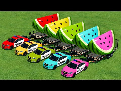 LOAD AND TRANSPORT GIANT WATERMELONS WITH POLICE CARS - Farming Simulator 22