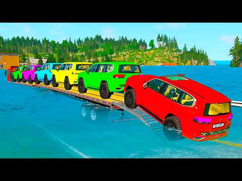 Triple Flatbed Trailer McQueen Transportation with Truck - Speedbumps vs Cars vs Train - BeamNG #97