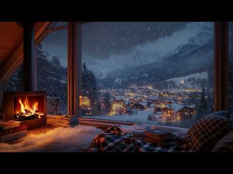 Tranquil Night: Cozy Bedroom with Snowfall and Crackling Fireplace Sounds for Relaxation and Sleep