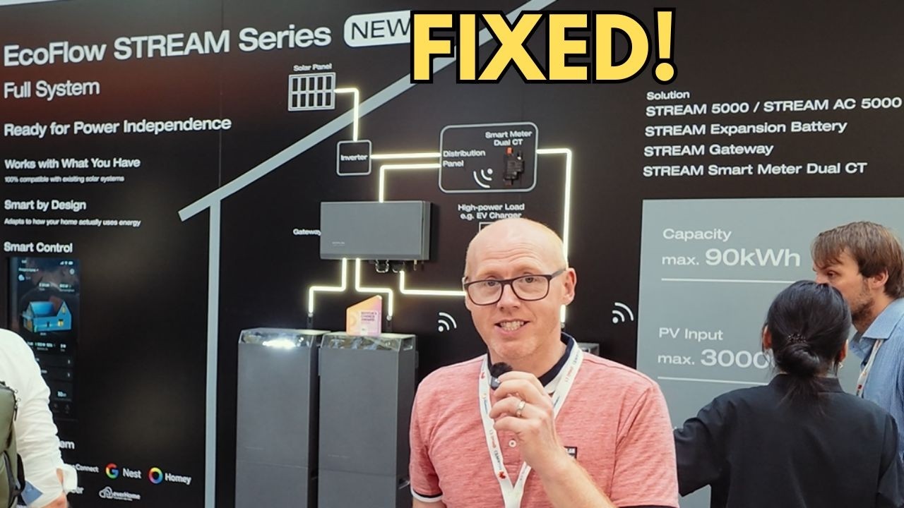 Stackable EcoFlow Stream home battery units on display at a solar show