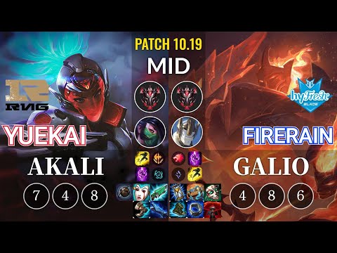 RNG yuekai Akali vs hyF FireRain Galio Mid - KR Patch 10.19