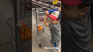 Little boy so happy pushing the shopping cart at the grocery store #shorts