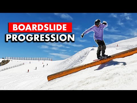 Front Boardslide Snowboard Trick Progression - Easy Boxes to Down Rails