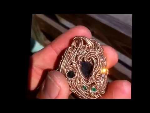 Platinum Lotus Flower of Life, 18k Gold, Diamonds, Emeralds, and Sapphire Wire Wrap Hybrid. High end