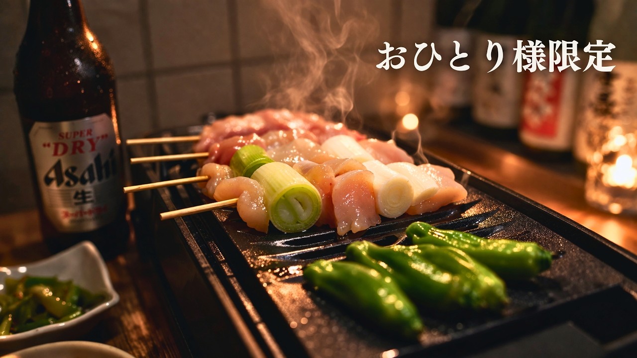 深夜の1人呑み。電気炉端で焼き鳥と酒