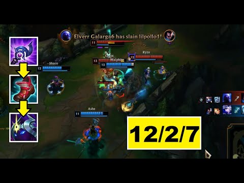 LoL: Malphite jungle vs Viego. Ashe support (Noelma) vs Yuumi. K/D/A: 12/2/7.