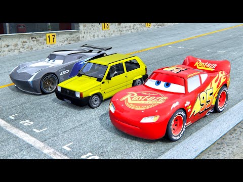 Lightning McQueen vs Fiat Panda Monster vs Jackson Storm at Top Gear Track