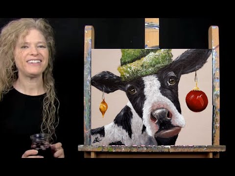 Learn How to Paint HOLIDAY COW with Acrylic - Paint and Sip at Home - Fun Step by Step Tutorial