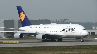 Two planes on the runway / takeoff of Lufthansa A380 D-AIMK for delivery flight