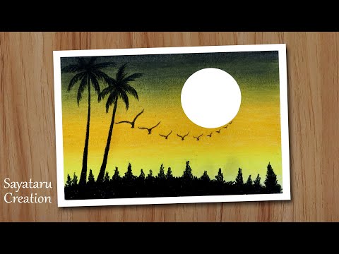 How to draw scenery of moonlight night step by step, oil pastel drawing for beginners