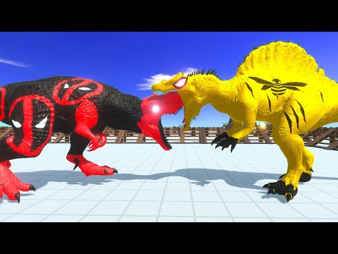 2x DEADPOOL T-REX vs BUMBLEBEE SPINO vs 5x SPIDERMAN SPINO - Animal Revolt Battle Simulator