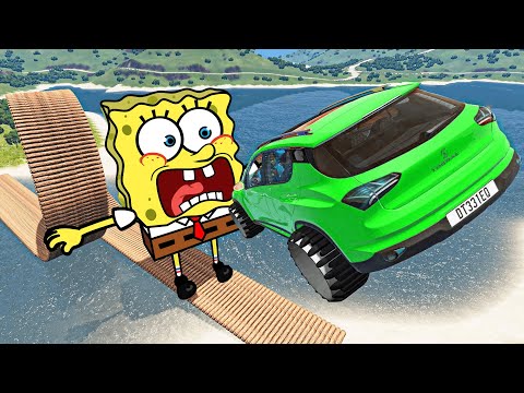 No God!! Car Crushing Spongebob vs Dangerous Stairs | Epic High Speed Jumps 🚓 BeamNG Drive Car