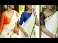 BEAUTIFUL WHITE SAREE WITH CONTRAST DESIGNER BLOUSE KERELA STYLE WHITE SAREE
