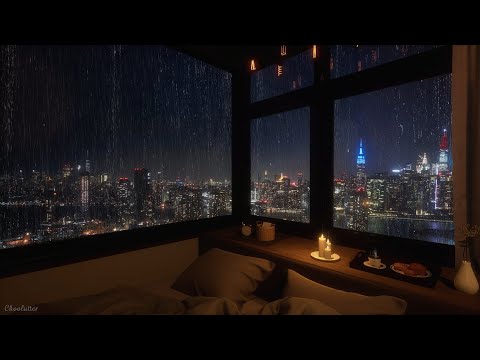 Cozy Bedroom With A Night View Of New York In Heavy Rain | Rain Sounds, Rain On Window