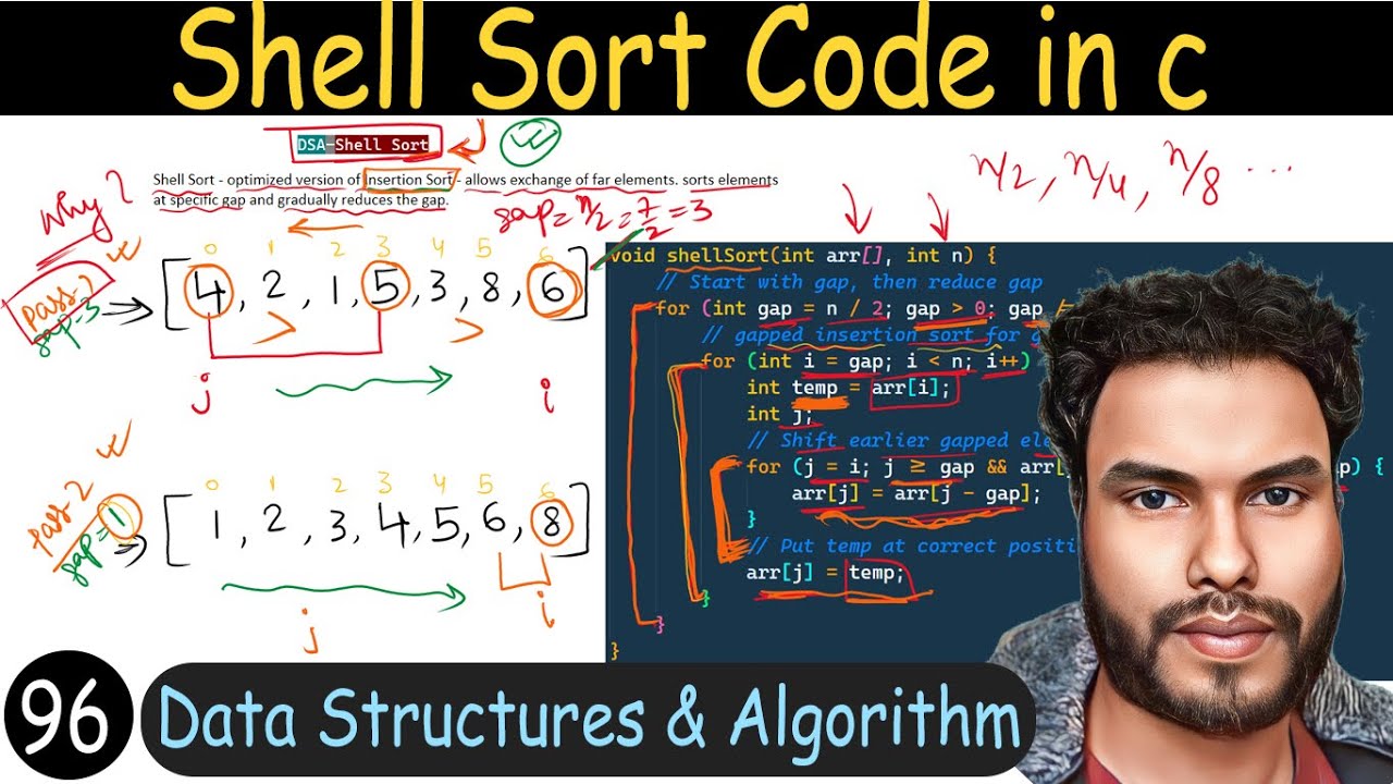 96 - Shell Sort Code in C - Working Explained with example | Data Structure