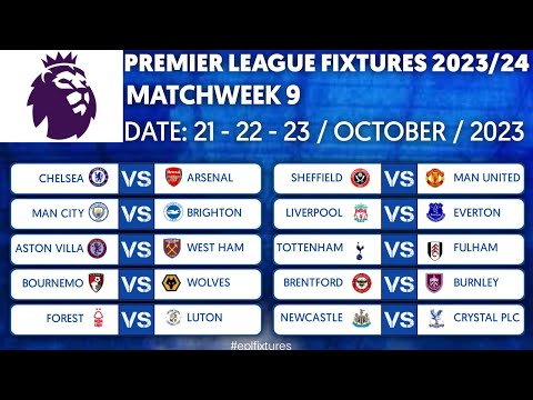 EPL Fixtures Today -  Match Week 9 -English Premier League Fixtures 2023/2024 Season