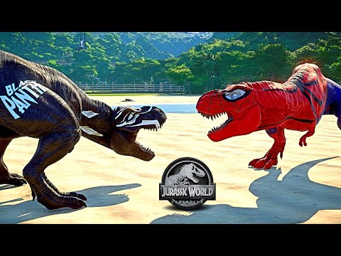Black Panther vs Spiderman, Venom, Superman Dinosaur Fight - JURASSIC WORLD EVOLUTION