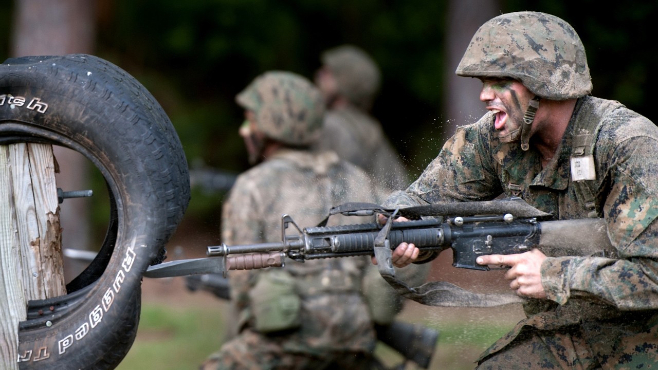 United States Marine Recruits Learn how to do a Bayonet Assault at Boot Camp 2026