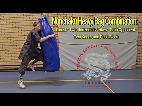 Nunchaku Heavy Bag: Thrust - 2 Horizontal Strikes - Grab Opponent - 2 Knees and Push Block
