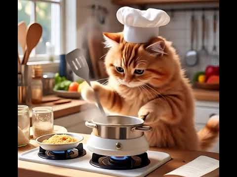 Cute cat cooking in kitchen