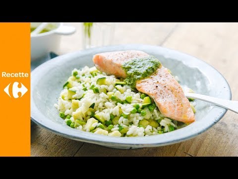Risotto au saumon, petits pois et pesto à l'estragon