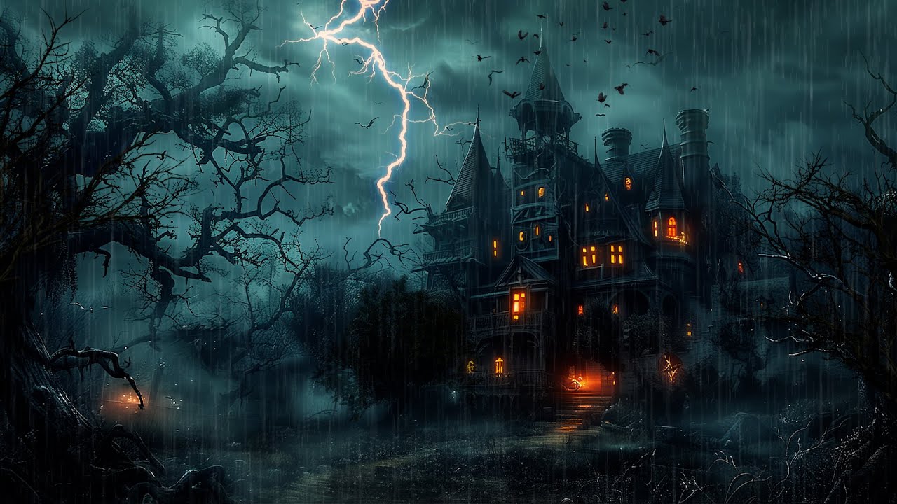 Haunted Village Medieval Halloween Ambience with Relaxing Light Rain & Thunderstorm Sound⚡