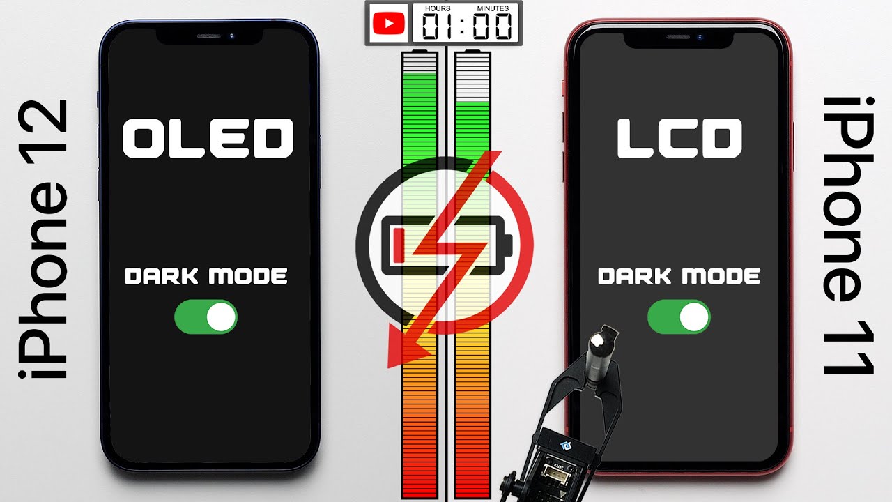 iPhone 12 (OLED) vs. iPhone 11 (LCD) Dark Mode Battery Test