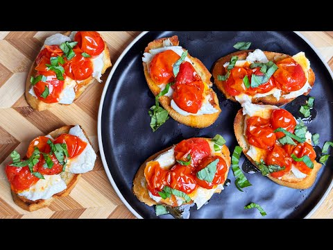 Roasted Garlic, Tomato Toast with Mozzarella, fresh Basil.