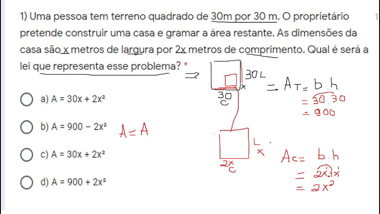 Assistir agora Uma Pessoa Tem Um Terreno Quadrado De 30m Por 30m. O Proprietário Pretende Construir Uma Casa E Gramar A área Restante. As Dimensões Da Casa São X Metros De Largura Por 2x Metros De Comprimento. Qual A Expressão Que Representa A Parte Que Terá Grama? Uma Pessoa Tem Um Terreno Quadrado De 30m Por 30m. O Proprietário Pretende Construir Uma Casa E Gramar A área Restante. As Dimensões Da Casa São X Metros De Largura Por 2x Metros De Comprimento. Qual A Expressão Que Representa A Parte Que Terá Grama?