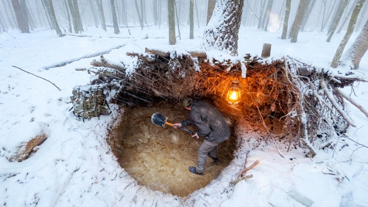 Building a Сozy and Warm Shelter Under a Birch Root. Clay oven, Survival, Bushcraft