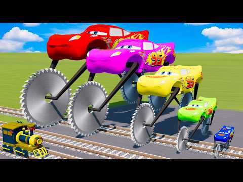 Big & Small Colors McQueen Curved Moto with Monster Saw wheels VS Train | BeamNG.drive