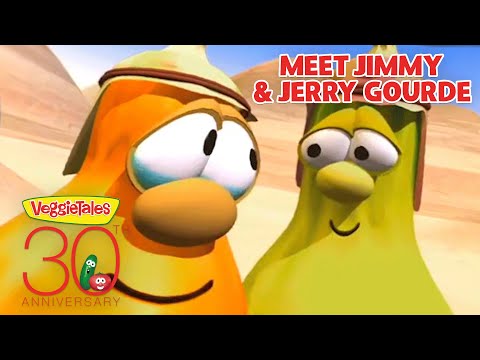 Thumbnail from VeggieTales showing two cartoon vegetables smiling at each other in a desert scene; banner reads 'Meet Jimmy & Jerry Gourde' with a 30th Anniversary logo.