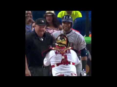 Nelson Cruz takes a picture with umpire, Joe West ,during the all-star gane