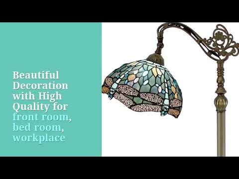 Tiffany Style Reading Floor Lamp Sea Blue Stained Glass with Crystal Bead Dragonfly Lampshade