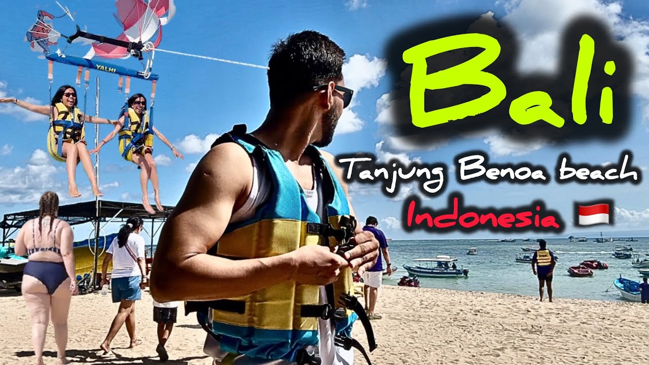 A traveler embarks on a visit to Tanjung Benoa Beach.