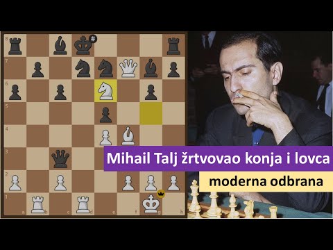 Mihail Talj žrtvuje skakača i lovca Trigonovu na početku partije - šahovske partije