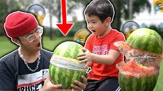WATERMELON vs 500 RUBBER BANDS!! **funny challenge w/ lil brother**