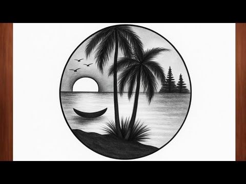"How to Draw Beach Scenery in Circle | Easy Palm Tree Sunset Drawing for Beginners"