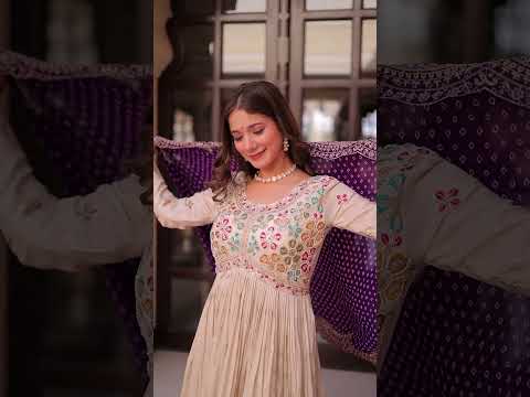 Cream Trending Cosmos Jacquard Gown with Bandhani Cut-Work Dupatta  Pearl Beads Embroidery Full-Stitched Elegance